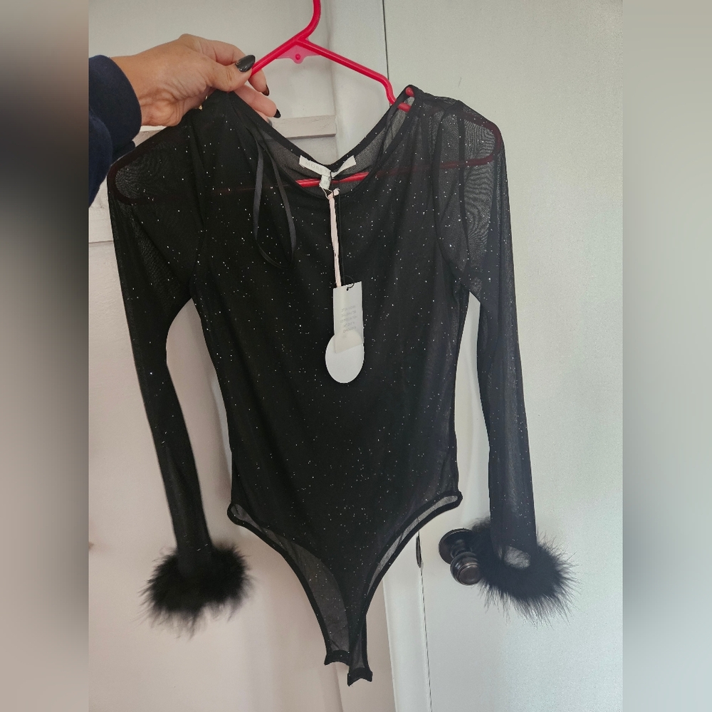 Black Sheer Sparkly Bodysuit with Feather Cuffs